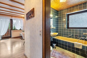 Shower, hair dryer, towels - Apartment '6' with Mountain View, Shared Terrace and Wi-Fi (Bad Rippoldsau-Schapbach)
