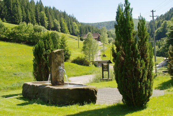 A rural landscape with a stone fountain, a wooden bench, and a house in the background.