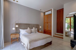 Villa junior, patio, vista a la alberca | 1 habitación, sábanas de algodón egipcio y ropa de cama de alta calidad 