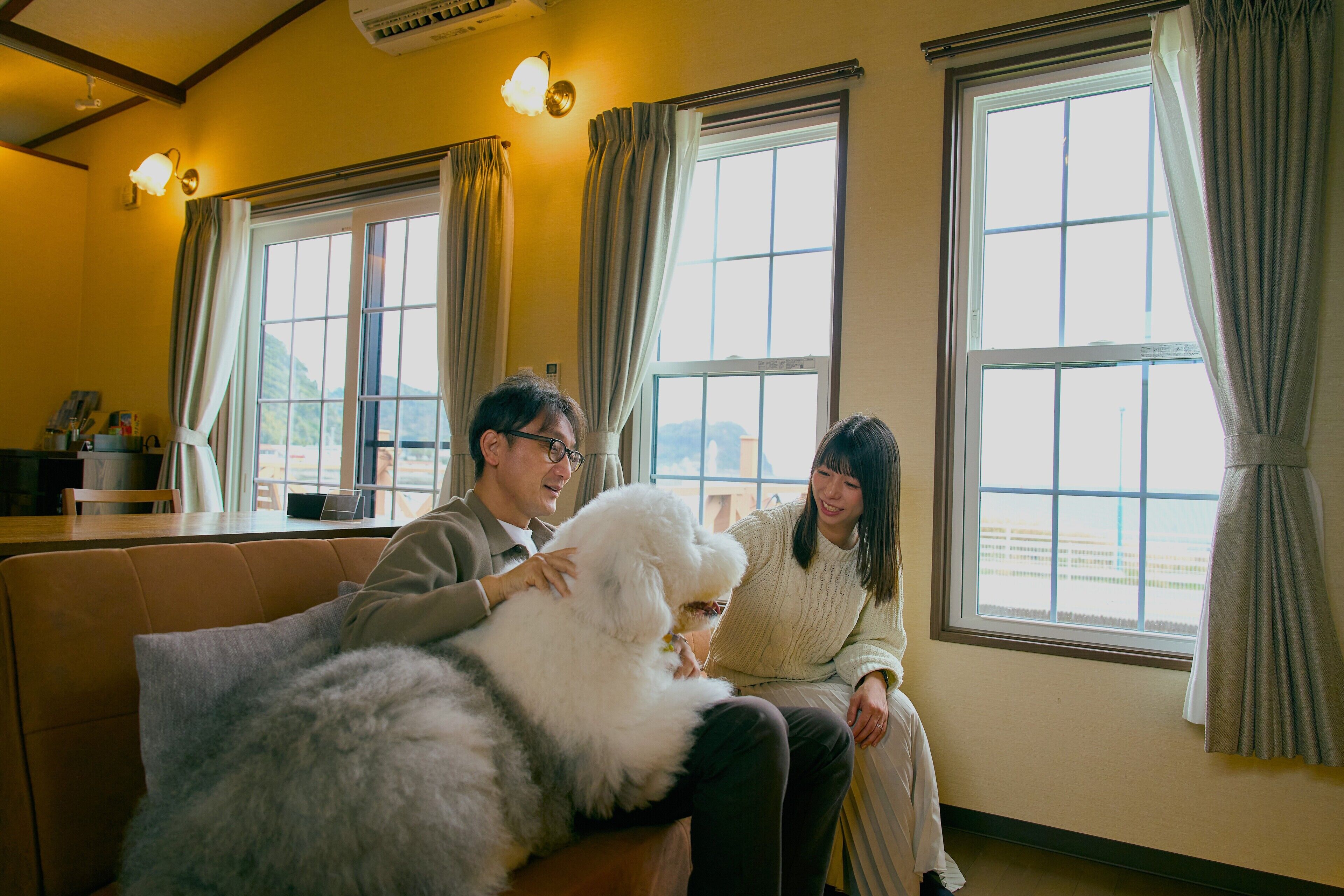 A room with a sofa, a large fluffy dog, and a window with curtains.