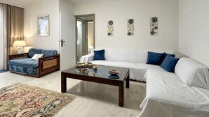 Una sala de estar con un sofá azul, un sofá blanco, una mesa de centro y un tapete estampado.