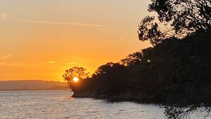 Un atardecer sobre una masa de agua, con la silueta de un árbol contra el cielo.