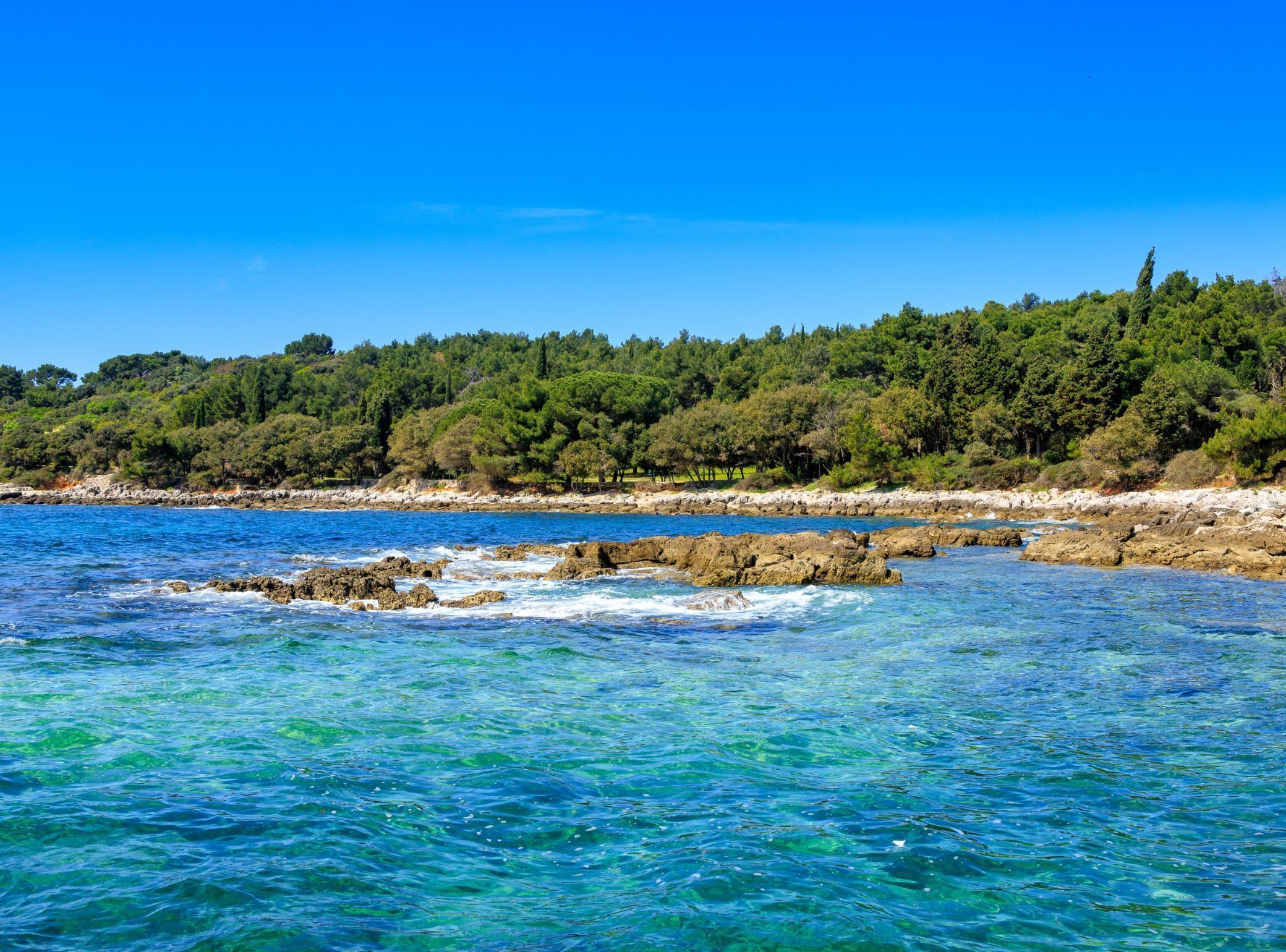 A coastal landscape with clear blue waters, rocky outcrops, and a dense forested hill in the background.