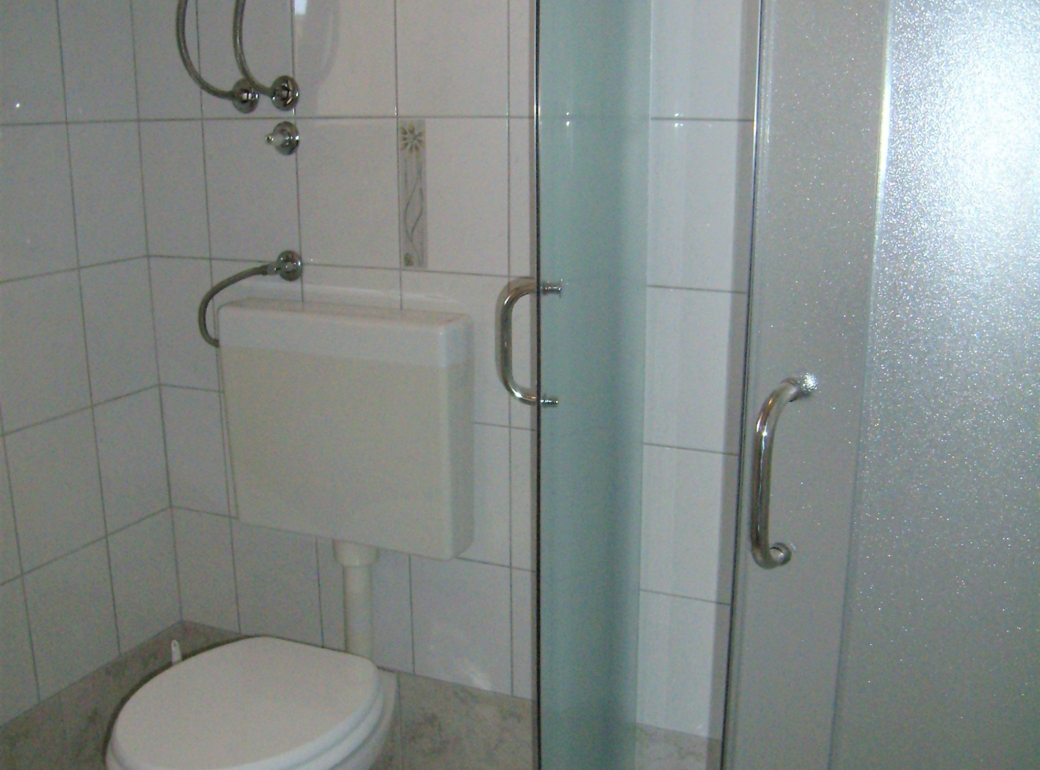 A bathroom with a toilet, a sink, and a shower enclosure.