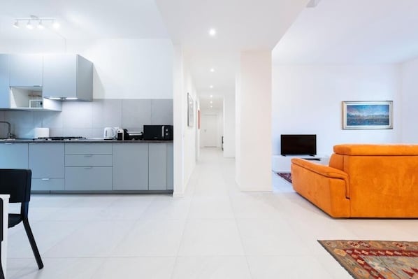 A modern kitchen with grey cabinets and a black countertop. There is a sofa in the living area and a TV on the wall.