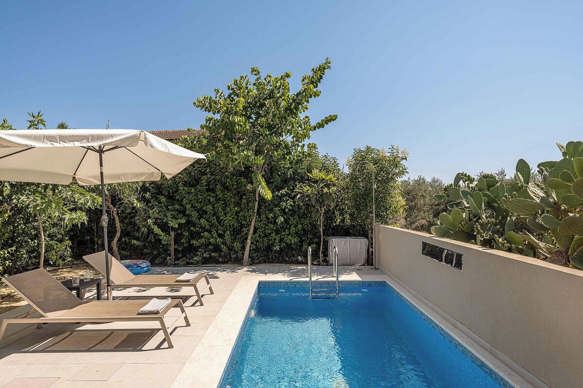 A swimming pool with lounge chairs and umbrellas, surrounded by greenery.
