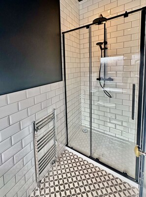 Shower, hair dryer, towels