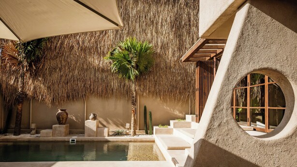 A modern pool area with a circular window, a palm tree, and a thatched roof. - Villa Ubuntu at Bocoa Villas (Canggu)