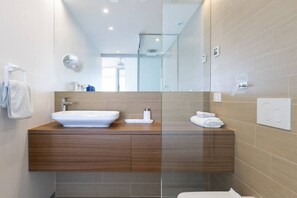 Hair dryer, towels, soap