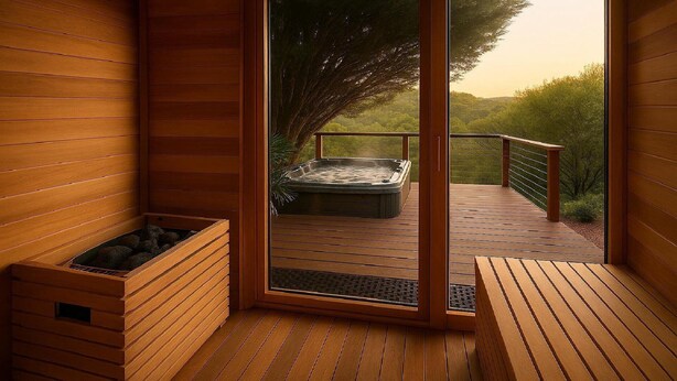 A wooden spa room with a hot tub, a wooden bench, and a view of a garden.