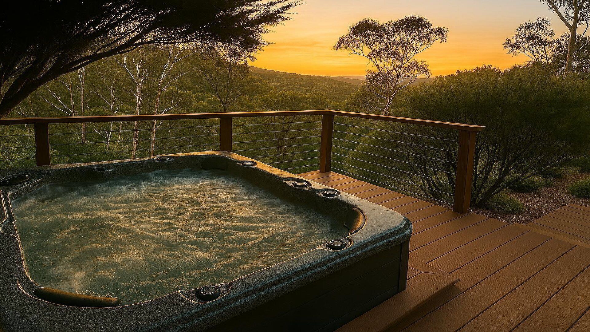 A hot tub on a wooden deck with a view of trees and hills.