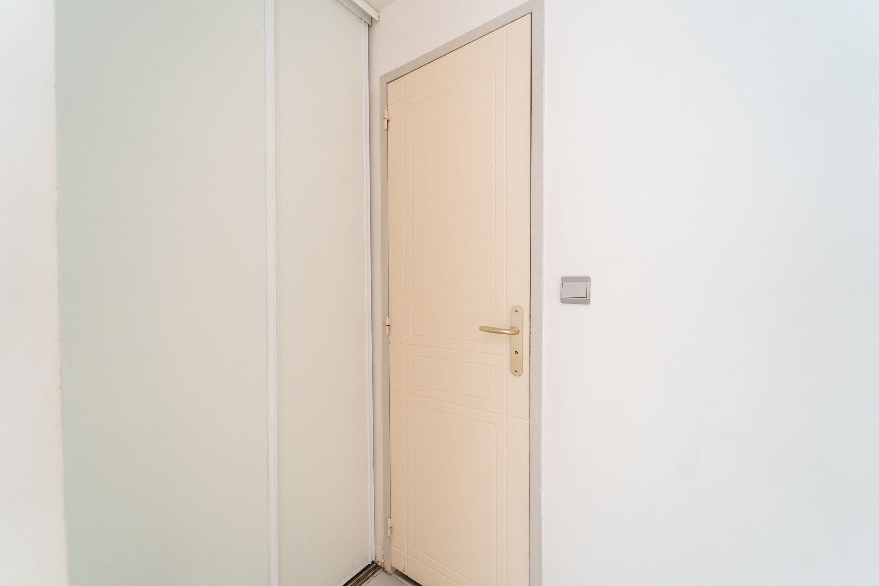 A closed door with a simple handle and a small light switch on the wall.