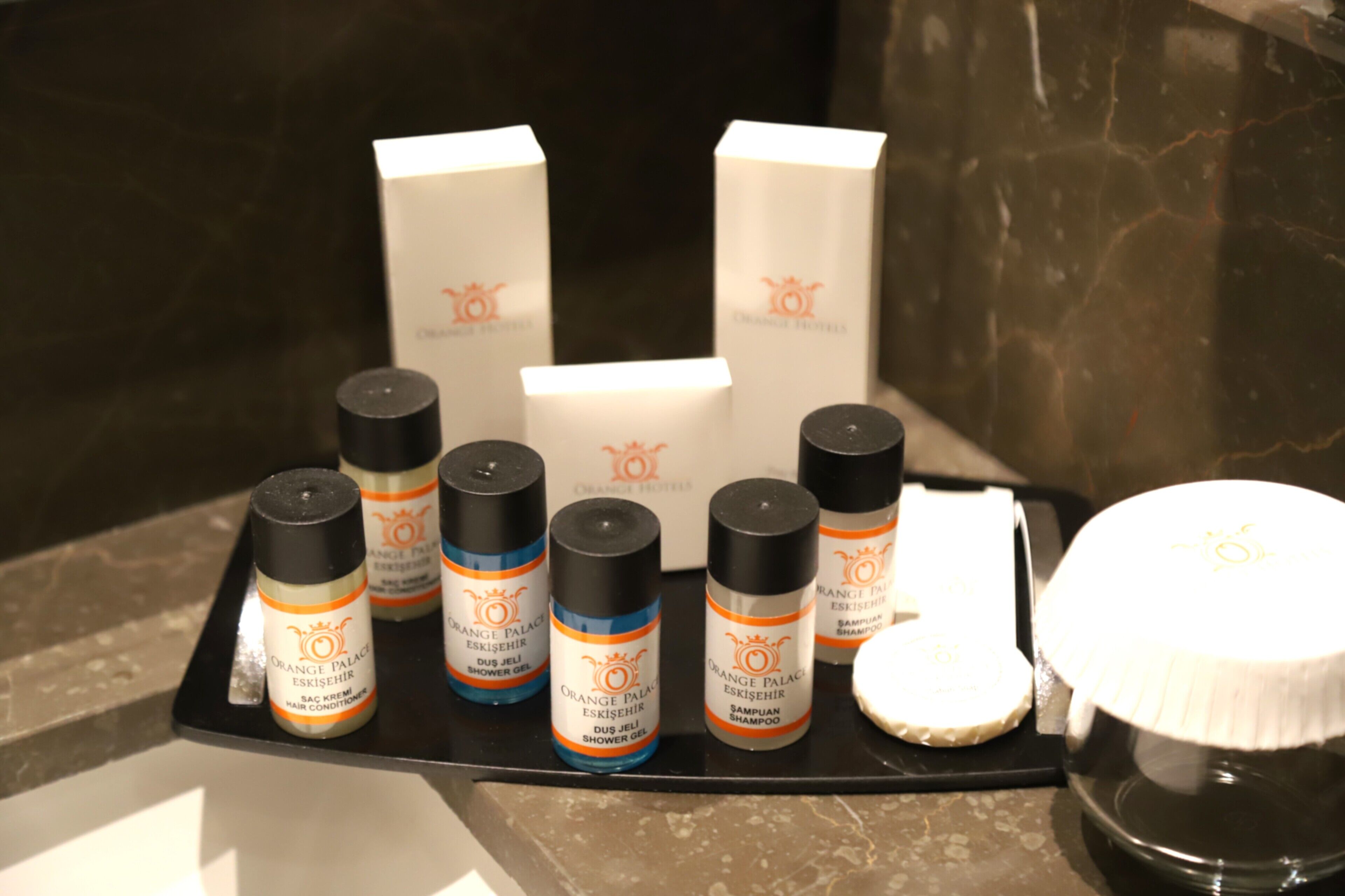 Un meuble-lavabo de salle de bain avec divers produits de toilette, notamment un après-shampoing, un gel douche, un shampoing et un pot de crème.