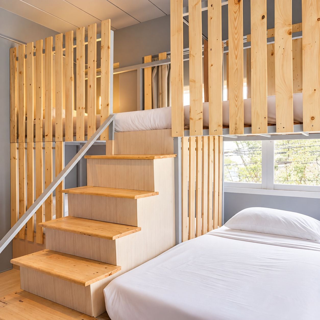 Una habitación con una escalera de madera, una cama y un ventanal.