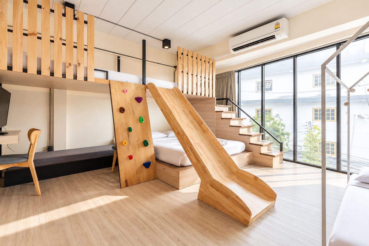 Een modern interieur met een houten klimmuur, een glijbaan en uitzicht op de omgeving.