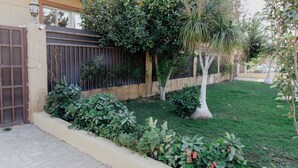 A residential garden with a well-maintained lawn, various shrubs, and trees. - The Seven Six Near Waterway 5A - 4, THE SEVEN SIX near WATERWAY 5A MALL By ELEGANT (New Cairo City)