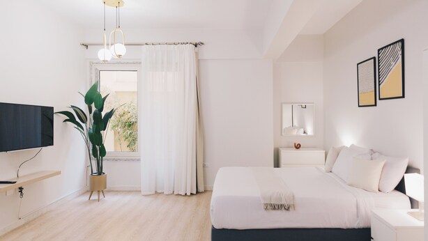 A bedroom with a bed, bedside table, lamp, TV, and a potted plant. - The Seven Six Near Waterway 5A - 10, THE SEVEN SIX near WATERWAY 5A MALL By ELEGANT (New Cairo City)