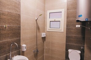 Une salle de bain avec douche, toilettes et lavabo.