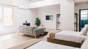A modern bedroom with two beds, a tufted sofa, a potted plant, and a flat-screen TV.