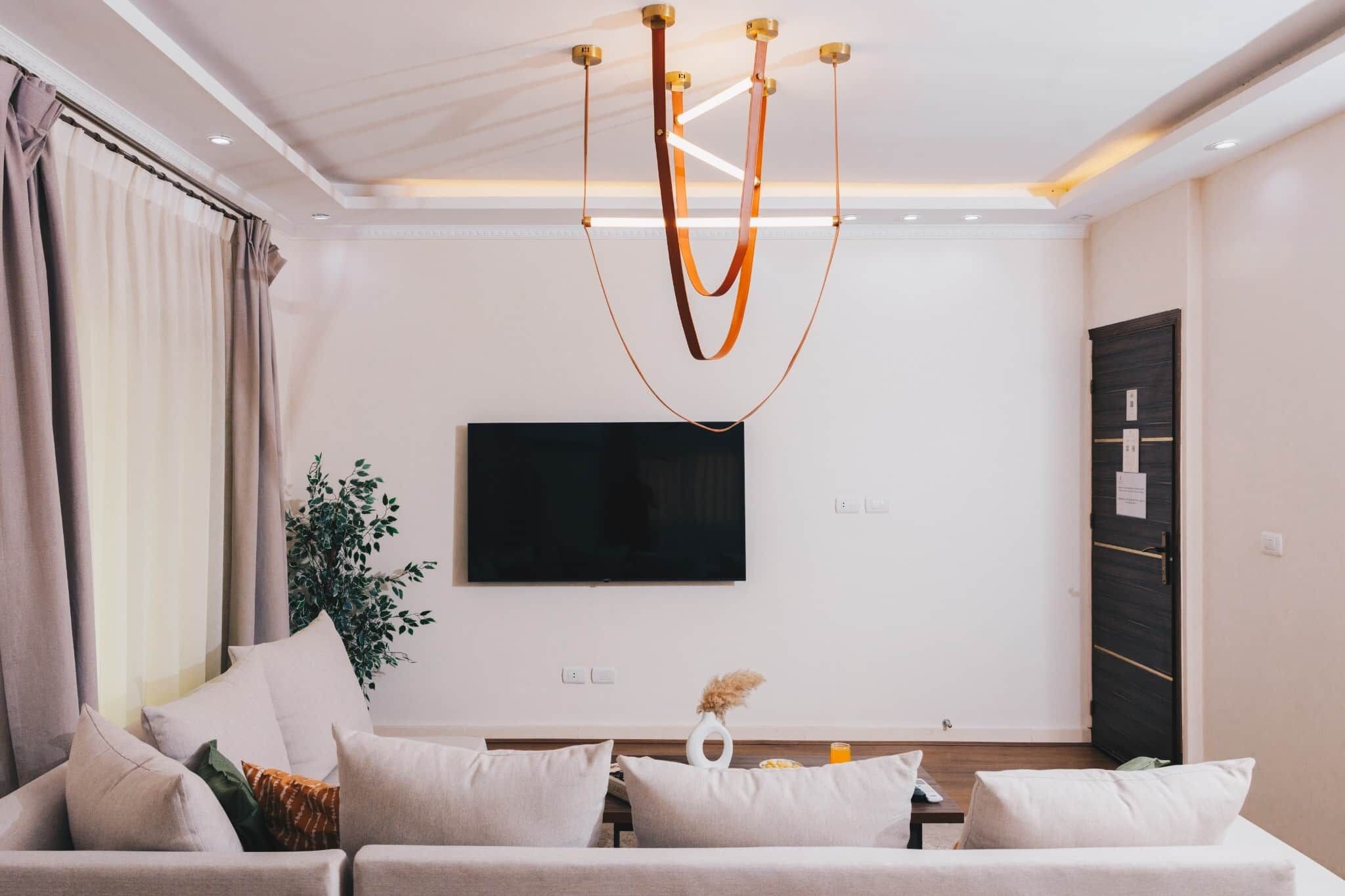 A modern living room with a sofa, a flat-screen TV, a plant, and a unique ceiling light fixture.