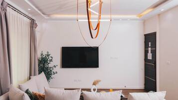 A modern living room with a sofa, a flat-screen TV, a plant, and a unique ceiling light fixture.