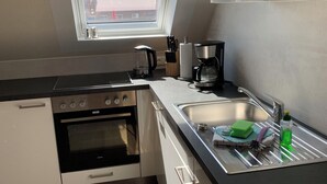 A modern kitchen with a skylight, stainless steel appliances, and a view of the neighborhood. - Meeresbrise 2 Top location with terrace. Pet friendly! (Tönning)