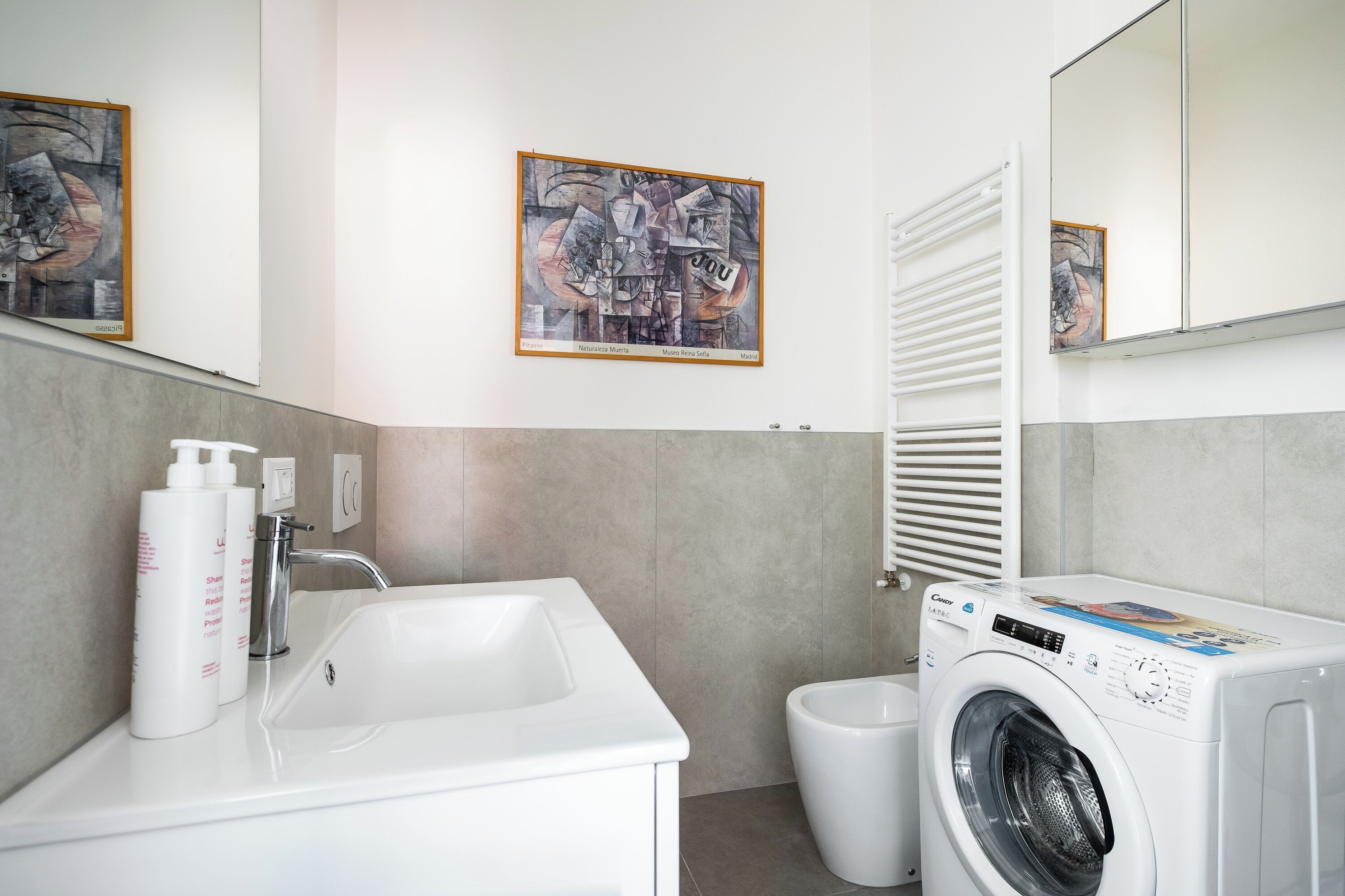 A modern bathroom with a white sink, a washing machine, and two bottles of shampoo.
