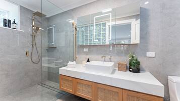 Shower, hair dryer, bidet, towels