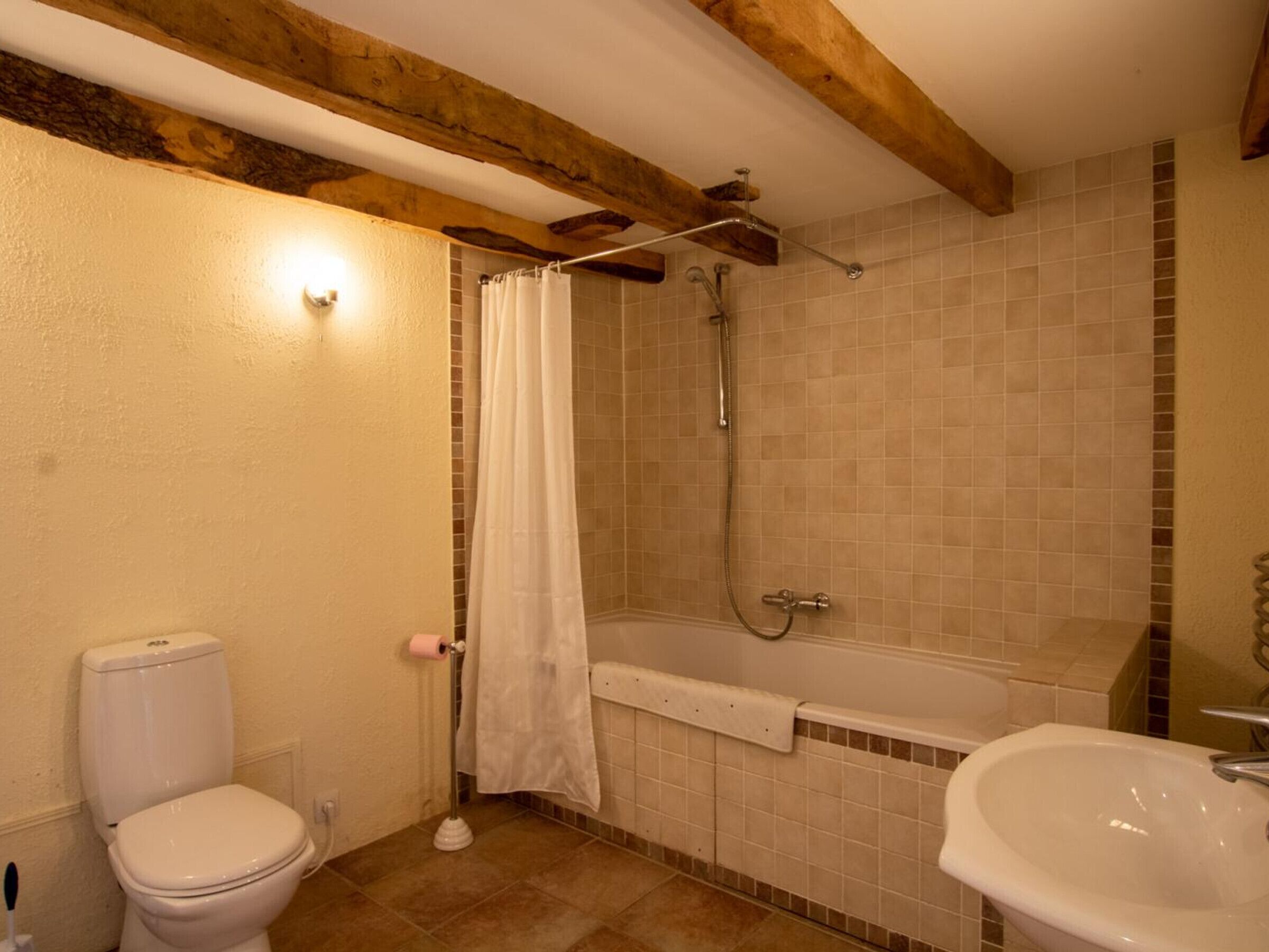 A bathroom with a toilet, shower, and sink.