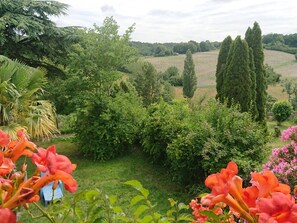 A lush garden with various trees and shrubs, a small blue structure, and vibrant flowers.