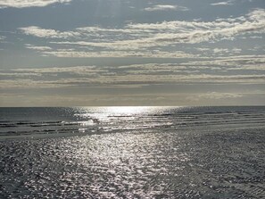Une plage où la lumière du soleil se reflète sur l’eau.
