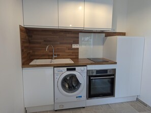 Fridge, microwave, dining tables