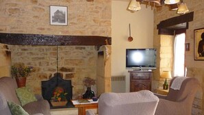 Un salon chaleureux avec des murs en pierre, une cheminée, un téléviseur et des fauteuils confortables.