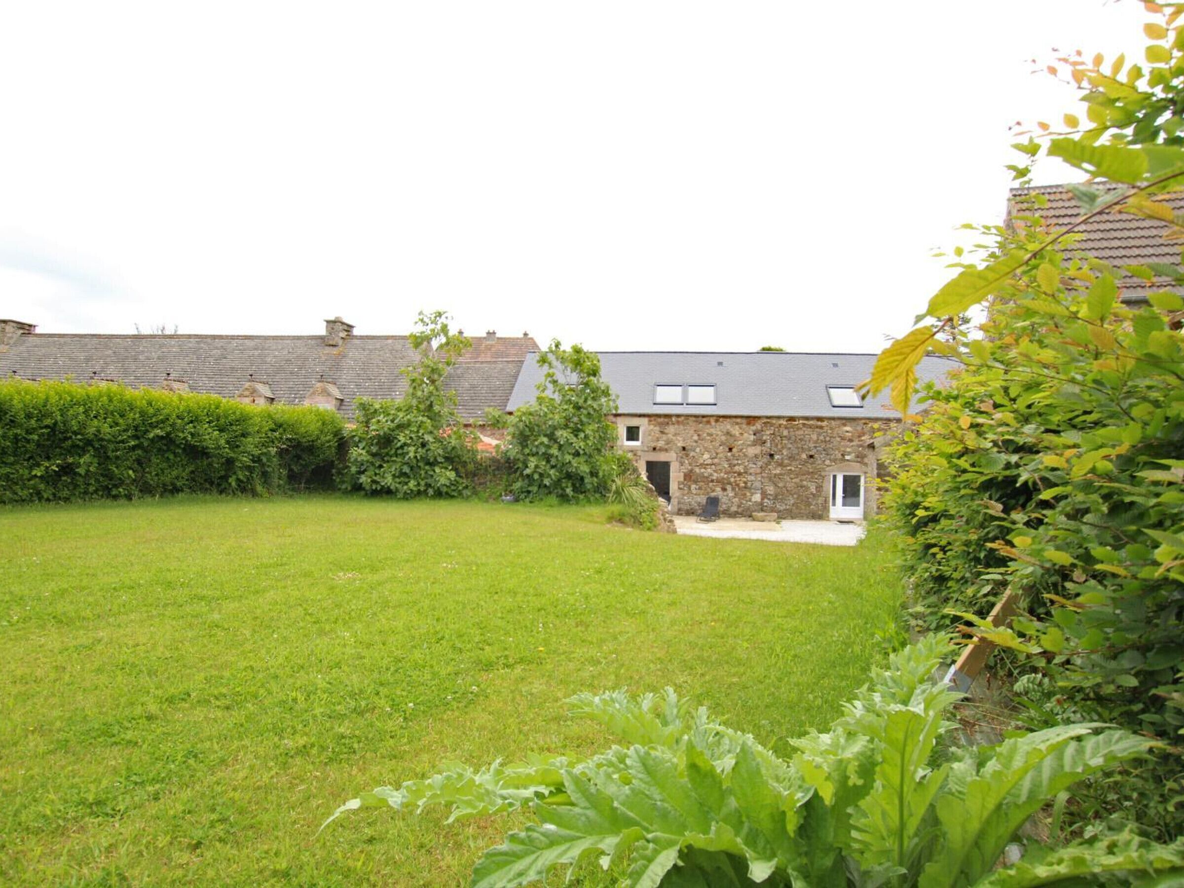 A stone building with a grassy yard, a hedge, and a large leafy plant in the foreground.