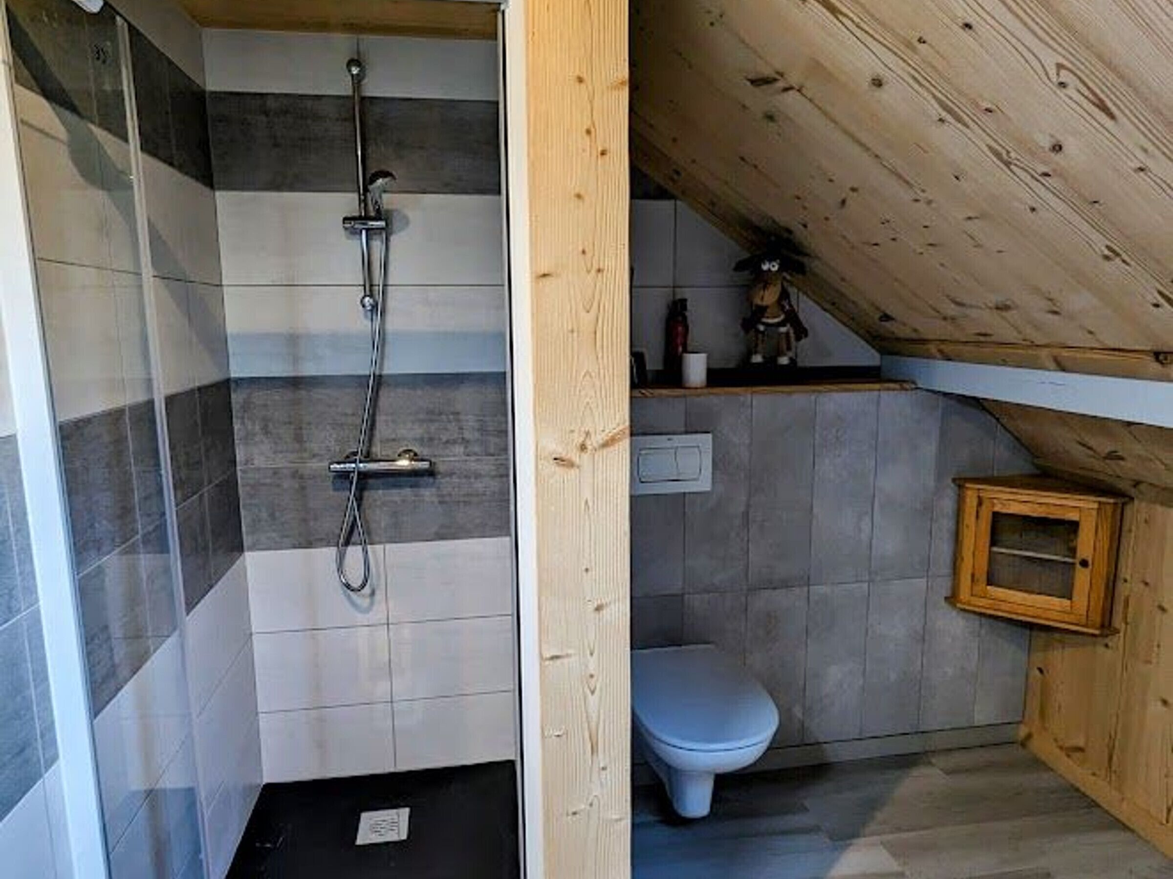 Ein kleines, kompaktes Badezimmer mit Dusche, Toilette und einem Holzregal.