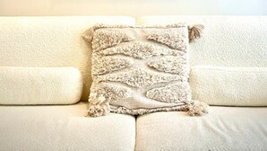 En stue med en beige sofa, et dekorativt pyngetræ og en reol med forskellige ting, heriblandt bøger, et kamera og pynt.