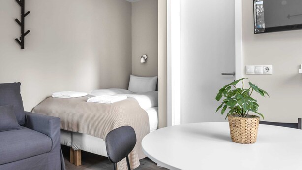 A modern hotel room with a bed, a chair, a dining table, a plant, and a TV mounted on the wall. - Freyjugata Apartments - Central Studio (Reykjavík)