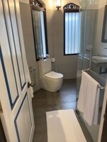 Un baño con inodoro, ducha y lavabo.