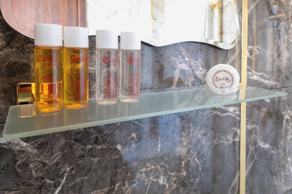 Estante de baño con cuatro botellas de jabón líquido y un jabonera.
