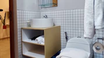 Shower, hair dryer, bidet, towels