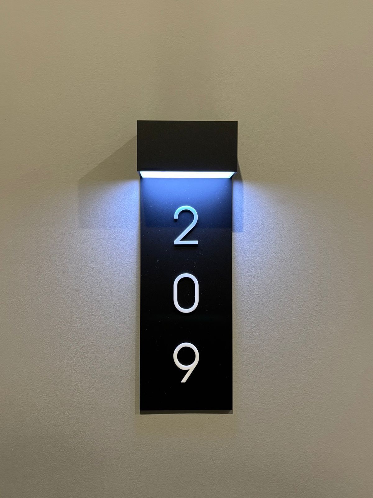 A black, illuminated number plate with the digits 209 on a plain wall.
