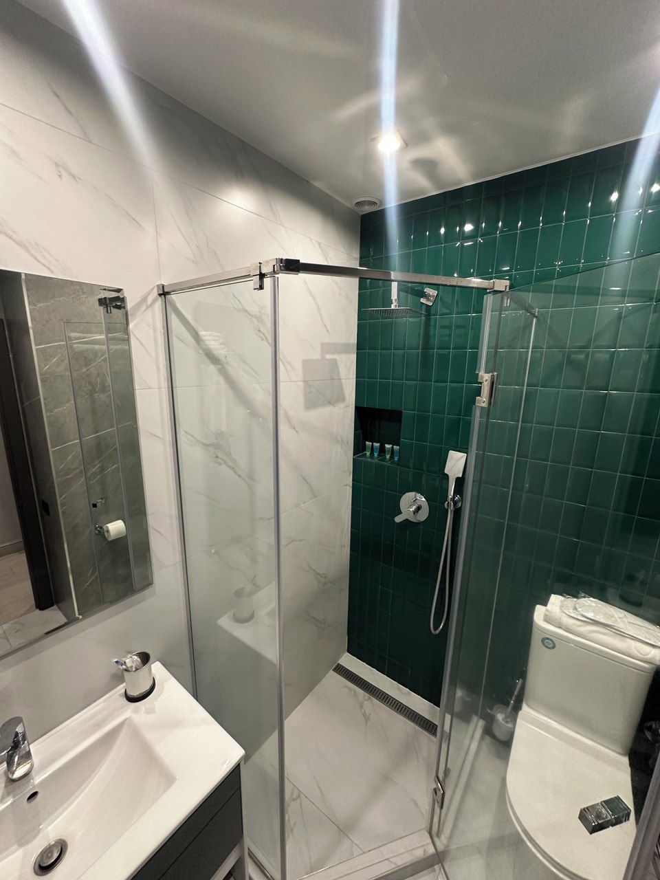 A modern bathroom with a glass-enclosed shower, a white sink, and a toilet.
