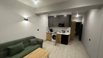 Een compacte woonruimte met een groene bank, een houten salontafel, een wasmachine en een kitchenette met een magnetron.