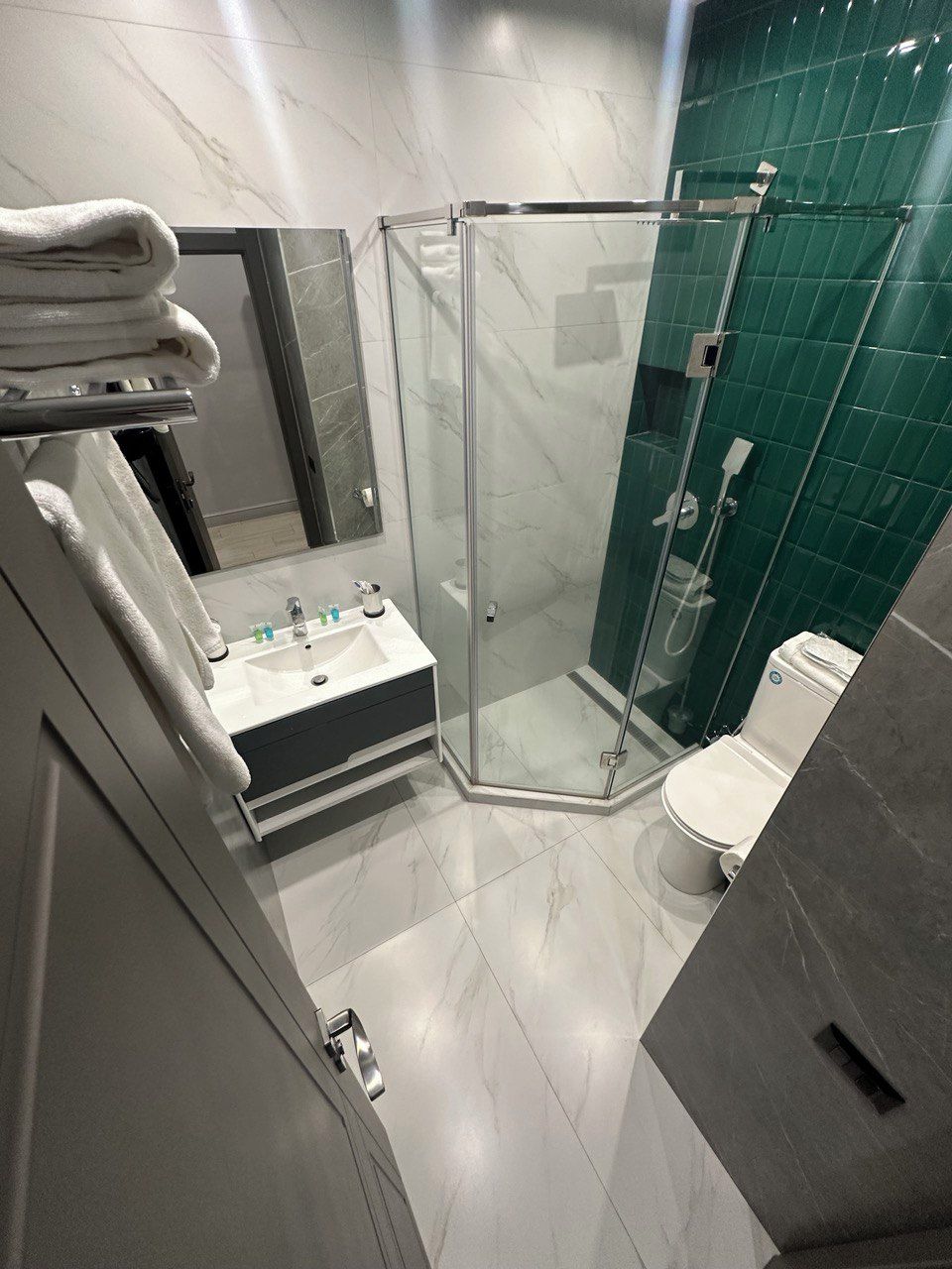 Een moderne badkamer met een douchecabine van glas, een witte wastafel en een toilet.