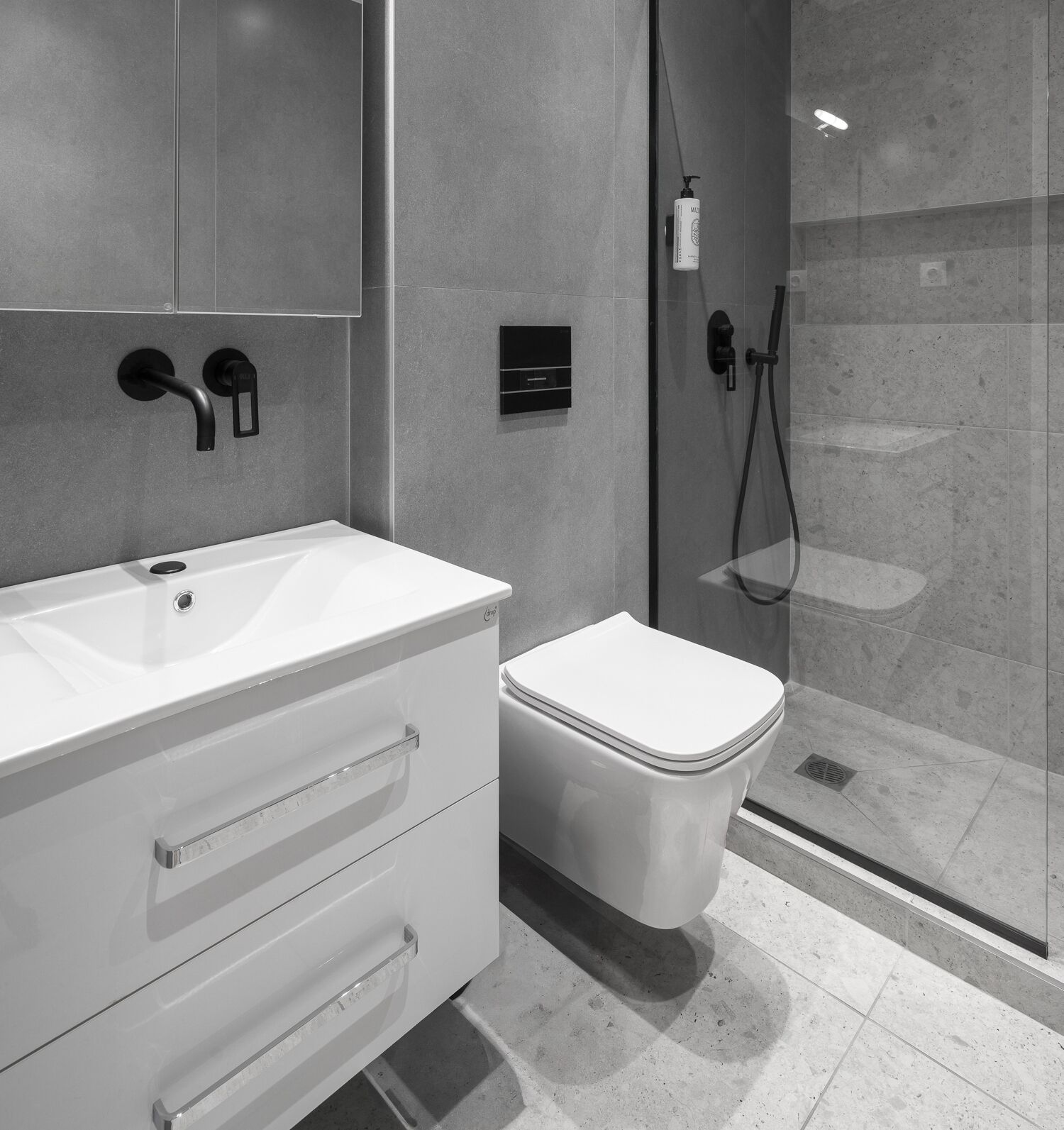 A modern bathroom with a white sink, a toilet, and a glass-enclosed shower area.