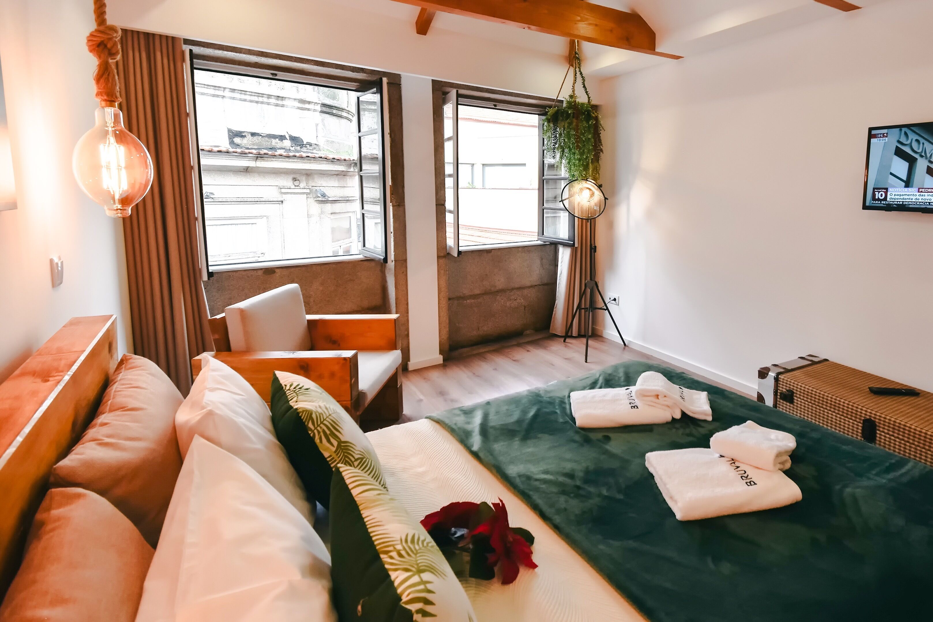 Ein Hotelzimmer mit einem Bett, einem Sofa, einem Sessel, einer hängenden Pflanze und einem Fernseher.