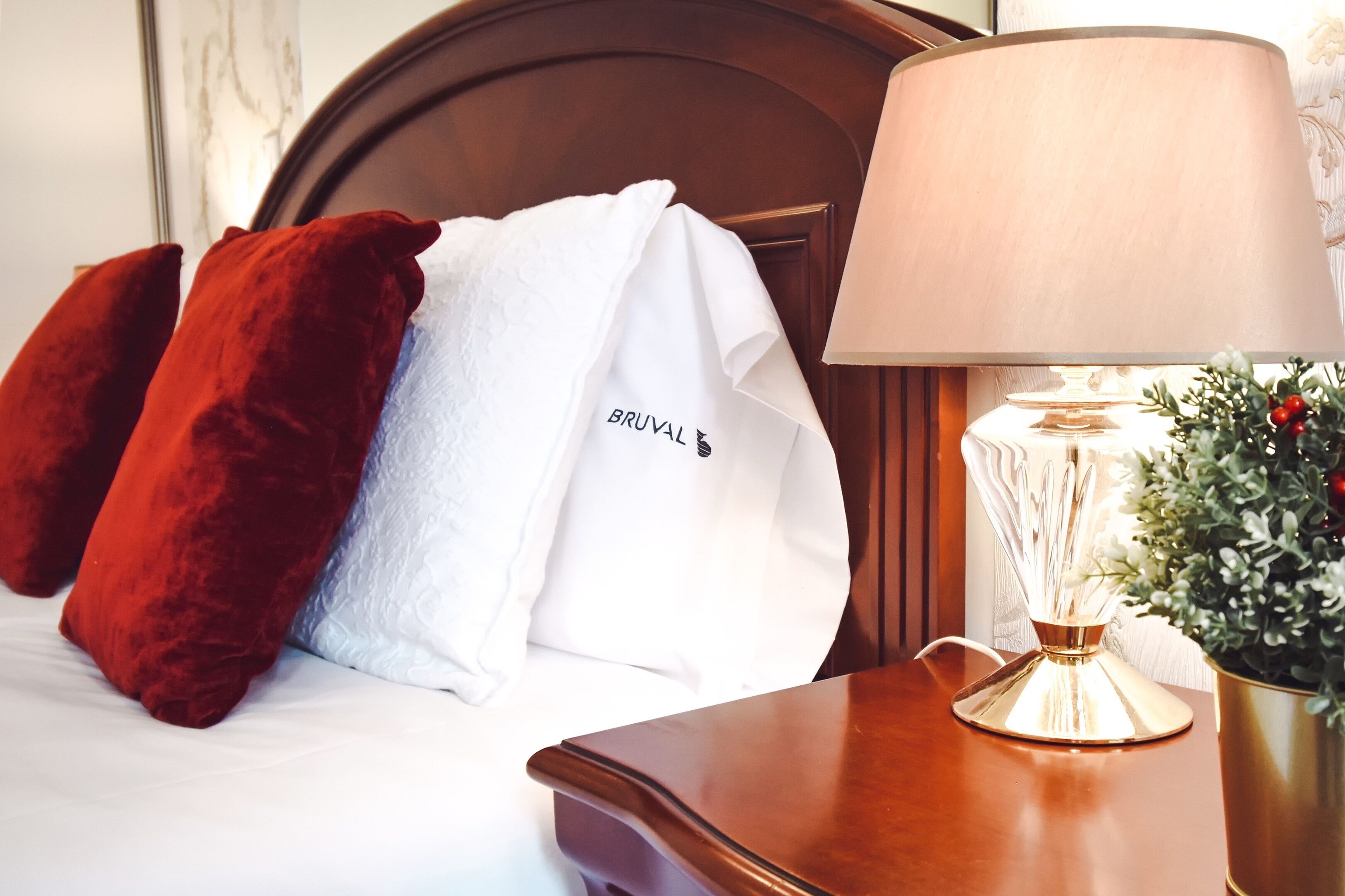 A neatly made bed with a white towel and a red pillow, a bedside lamp, and a small potted plant.
