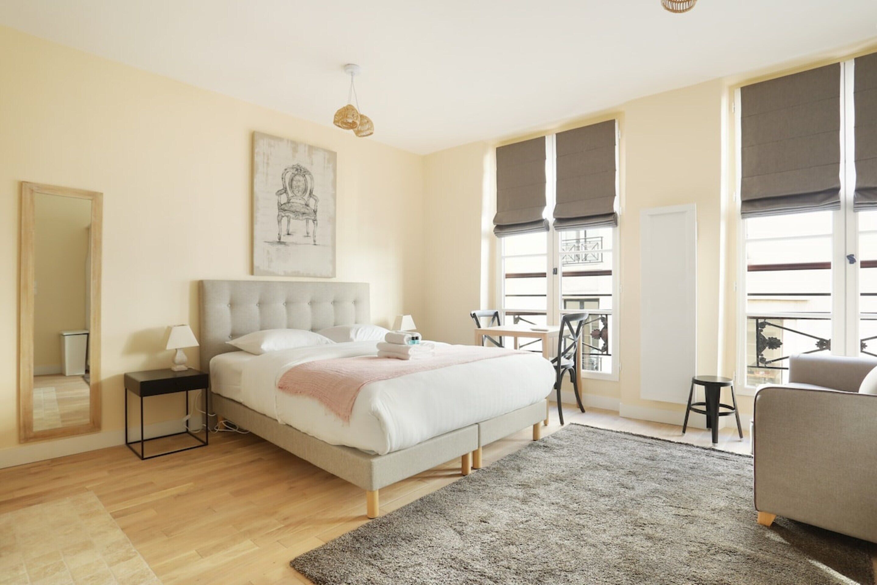 Apartment | Laptop workspace, iron/ironing board, bed sheets