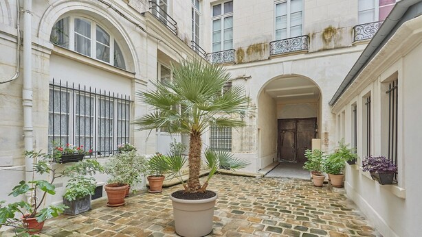 A courtyard with a palm tree, potted plants, and a cobblestone floor. - Superb AC Apartment Paris Center Bourse Place (Paris)