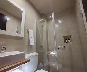Shower, towels, soap, shampoo